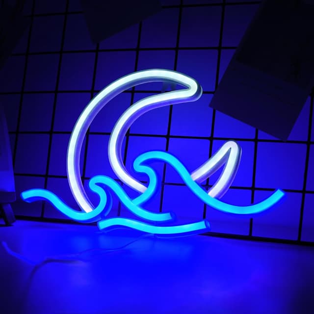 Detalle 2 de WIOSOUL Moon Wave Neonschild – blauer Mond über Meer als LED-Wandleuchte (USB oder 3×AA, 29,5 × 18 cm)