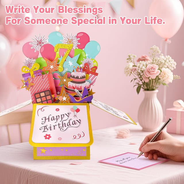 Detalle de Hierein 7th Birthday Pop-Up Card (Pink) – 3D Sweet Happy Birthday Gift Box Card for 7-Year-Old Girls