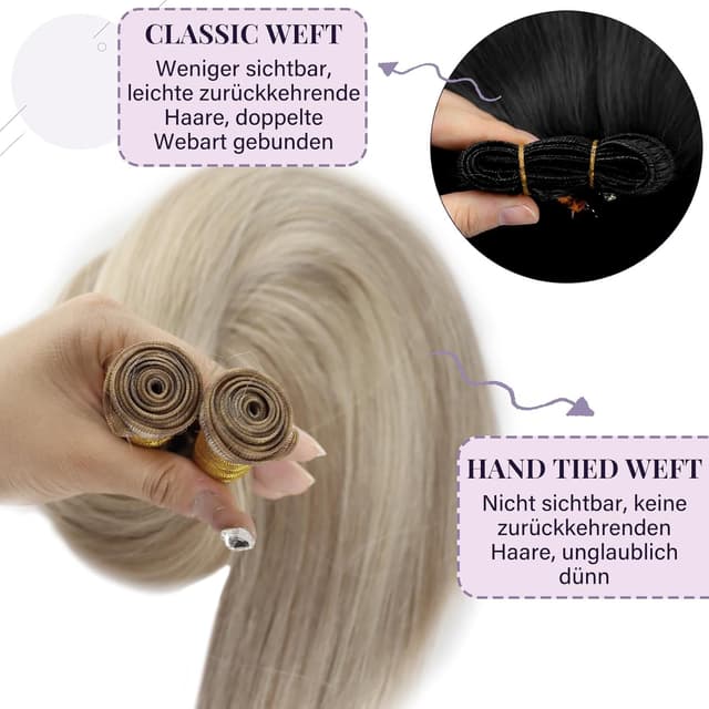 Detalle de Fshine Echthaar Tressen zum Einnähen, 35 cm / 50 g – aschblond mit hellblond Highlight (Farbe 18P613)