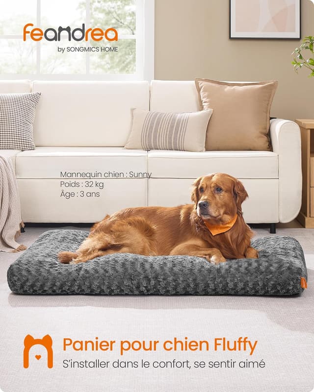 Detalle 2 de Panier pour chien Feandrea XXL (122 x 74 cm) en tissu peluche gris ardoise, rembourrage doux antidérapant lavable