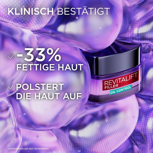 Detalle de L’Oréal Paris Revitalift Filler Mattierende Gel-Creme Oil Control mit Hyaluronsäure & Salicylsäure (50 ml)