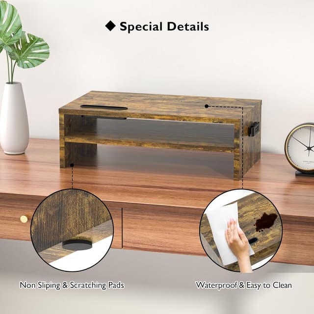 Detalle de BONTEC Wood Monitor Stand Riser with Smartphone Holder (2 tiers) – Rustic Brown