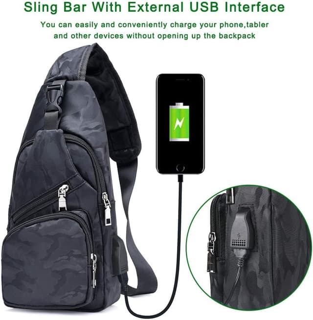 Detalle de flintronic Zaino Monospalla Sling Bag a tracolla uomo con USB esterna e 3 tasche