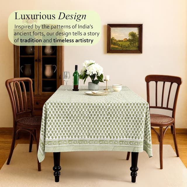 Detalle de Cotton Print Club Emerald Green Indian Block Print Rectangle Tablecloth (60x90 in)