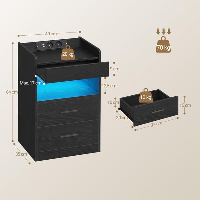 Detalle de Hzuaneri table de chevet avec compartiment caché, éclairage LED, 2 prises et 2 ports USB (Noir NS33504XEU)