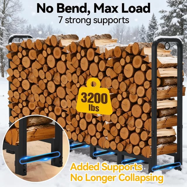 Detalle de Amagabeli 8ft outdoor firewood log rack (244cm x 36cm x 121cm) heavy-duty metal log holder