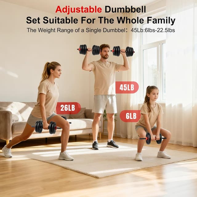 Detalle de SCEPKN Adjustable Dumbbell Set (10/20/30/45/70/90 lbs) — 4-in-1 Free Weight System for Home Gym