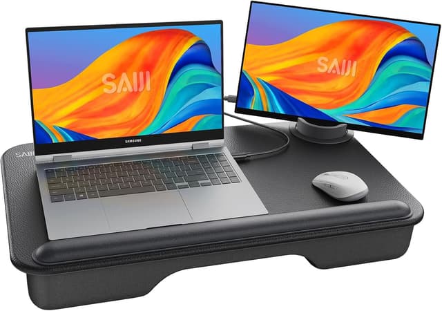 Detalle de SAIJI large leather desktop laptop tray with phone holder and wrist rest (supports up to 17-inch laptops)