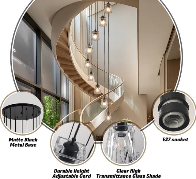 Detalle 1 de FRIXCHUR High Ceiling Long 9-Light Black Crystal Pendant Chandelier for Stairwells & Double-Height Spaces