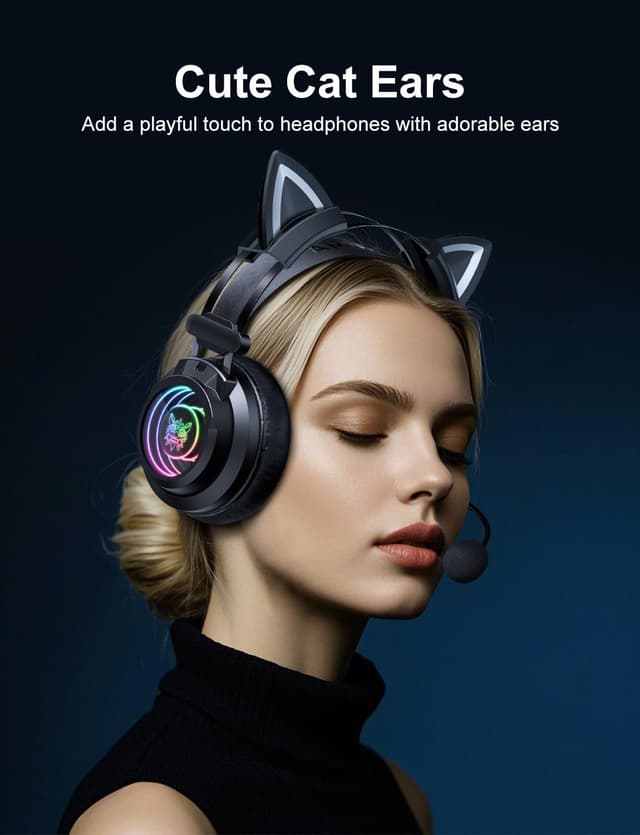 Detalle 2 de ONITOON Gaming Headset with Detachable Cat Ears, Detachable Microphone & Abyssal Mirror RGB