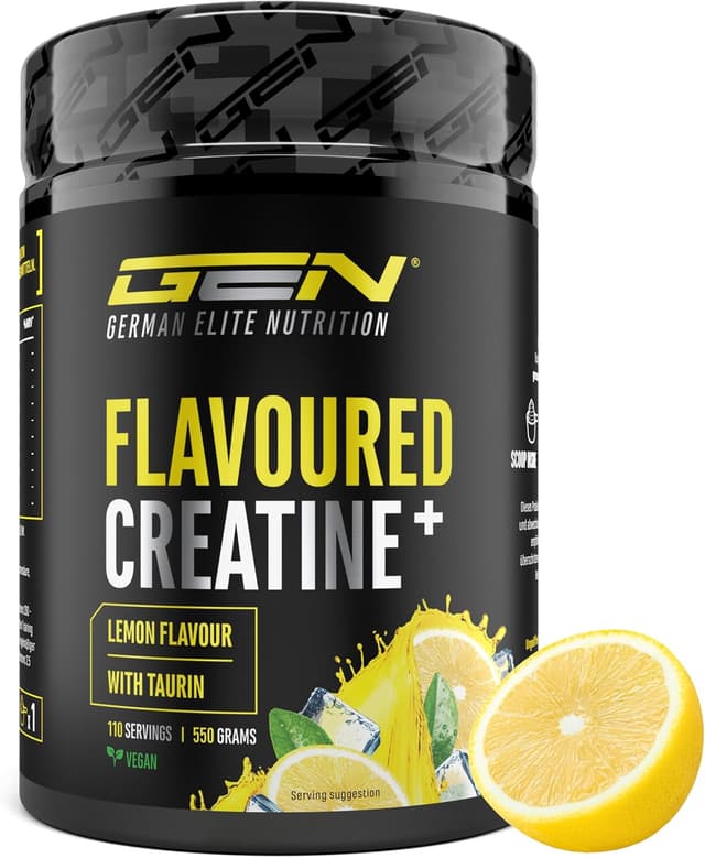 Detalle de GEN German Elite Nutrition Flavoured Creatine Pulver (550 g) – Creatin Monohydrat mit L-Taurin, vegan & zuckerfrei