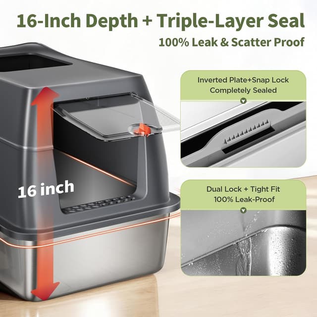 Detalle de Gimars Lettiera per gatti 3 in 1 in acciaio inox, extra large chiusa con coperchio e doppio ingresso