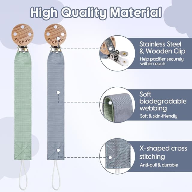 Detalle de TYRY.HU 2-Pack Soft Fabric Dummy Clip with Ribbon Strap (Handmade Pacifier Holder Set)