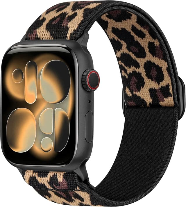 Detalle de Ynitec Leopard Print Stretch Nylon Strap for Apple Watch (40/38/41/42mm) — elastic loop band for wrist, arm or ankle