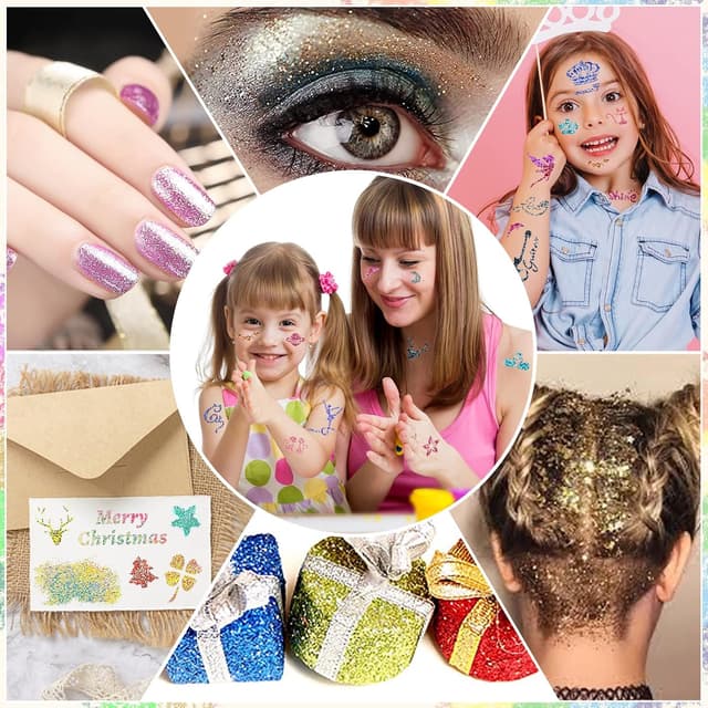 Detalle 2 de AUKZON Glitzer Tattoo Set Kinder – temporäre Glitzertattoos mit 24 Farben & 150 Schablonen