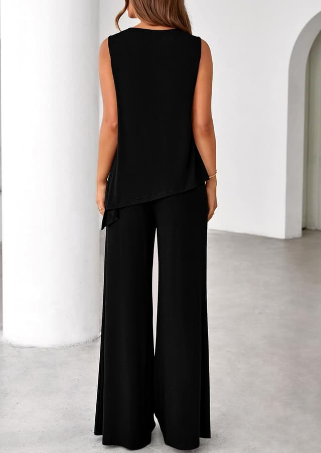 Detalle de PRETTYGARDEN Women’s 2026 Two-Piece Lounge Set: Asymmetrical Split Tank + Wide-Leg Pants