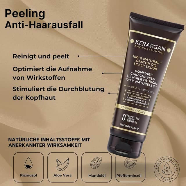Detalle de KERARGAN Duo Anti-Haarausfall Shampoo & Peeling mit Rizinusöl für trockenes, lebloses Haar (500 ml + 250 ml)