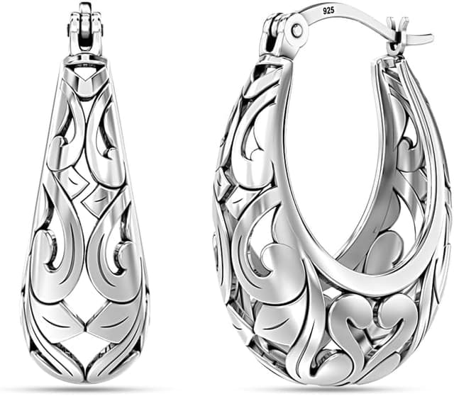 Thumbnail 6 de LeCalla 925 Sterling-Silber filigrane Creolen mit Click-Top-Verschluss (antik oxidiert)