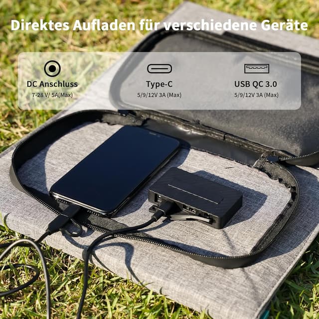 Detalle de 120W faltbares Solarpanel mit 19V Solar-Ladegerät: USB-C, USB-A & DC für Power Stations (IP65)