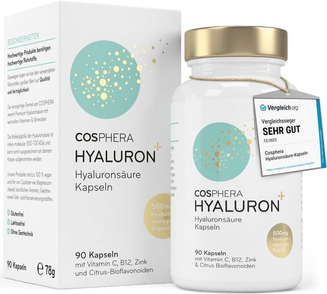 Detalle de Cosphera Hyaluronsäure Kapseln hochdosiert mit 500 mg, 90 vegane Kapseln (3 Monatsvorrat)