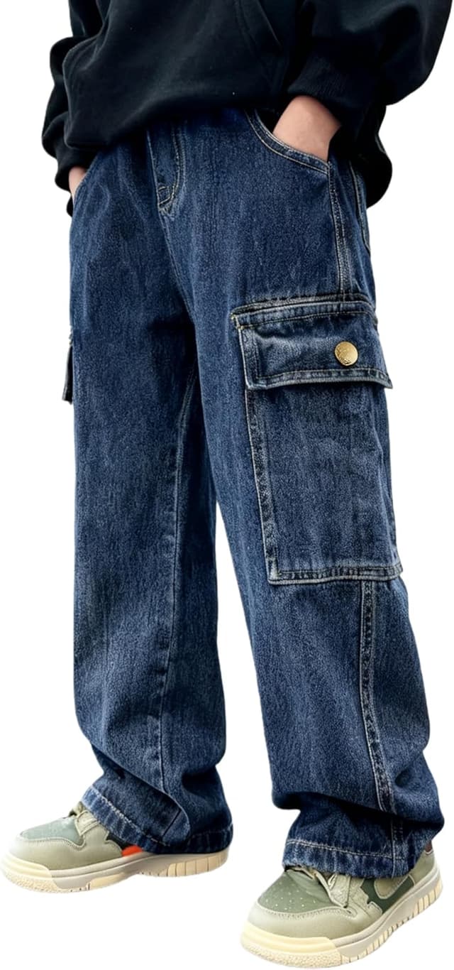 Detalle de Rolanko Baggy Jeans Jungen – weites Bein mit elastischem Bund & Cargo-Taschen (jeansblau)