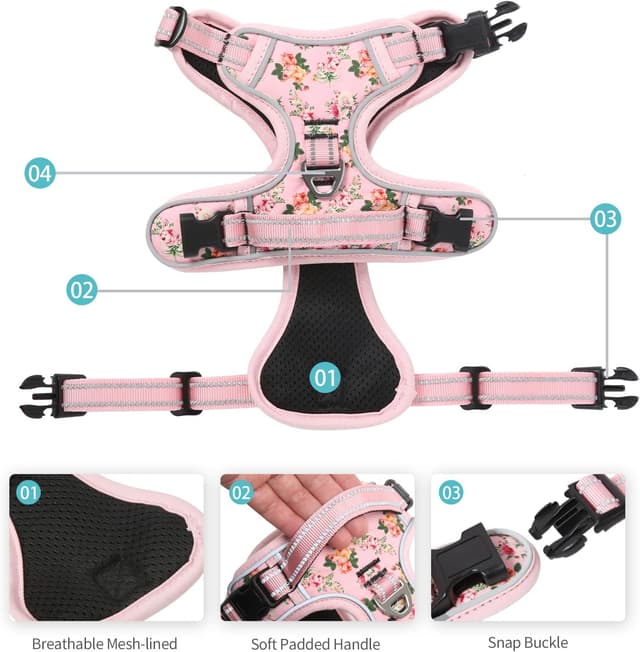 Thumbnail 6 de HEELE Dog Harness Large (No Pull, Reflective, Padded) – Floral-Pink, Size L
