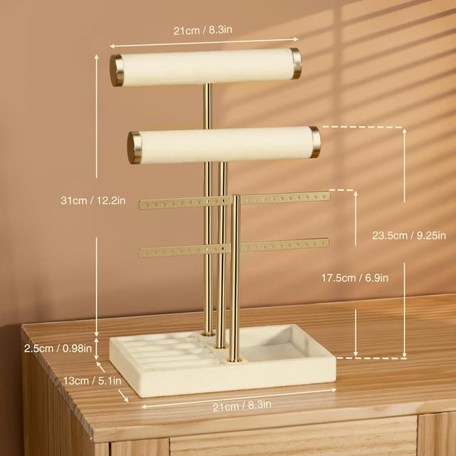 Detalle de Josmimic Schmuck Organizer mit 3 Ebenen in Beige – samtiger Armbandständer mit abnehmbarem T-Steg