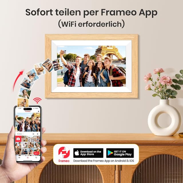 Detalle de Frameo WLAN digitaler Bilderrahmen 10,1 Zoll (HD, 1280×800 IPS) mit 32 GB Speicher und Touchscreen