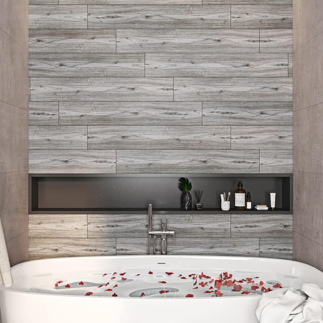 Detalle de Livelynine selbstklebende PVC-Fliesen mit Holzoptik Grau (32 Fliesen, 90 x 15 cm) für Wohn- und Schlafzimmer