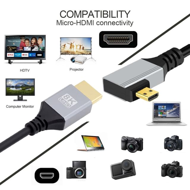 Detalle de chenyang HDMI 2.1 Kabel (HDMI Stecker auf Micro-HDMI Stecker, 90° abgewinkelt links) bis 8K@60Hz/4K@120Hz, 0,5 m