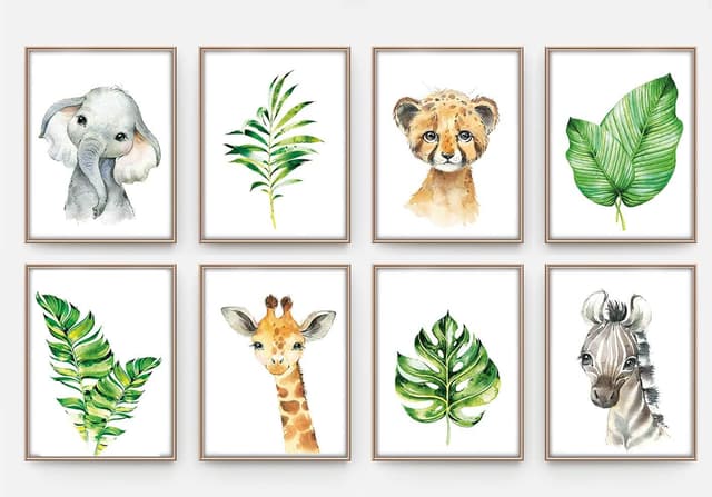 Detalle de artpin® 8er Set Kinderzimmer-Wandbilder im Safari-/Dschungel-Design (A4) – Mint Deko für Junge und Mädchen