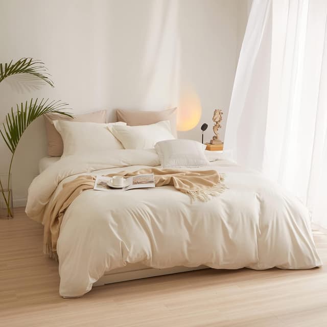 Detalle de Cream White King Duvet Cover Set (104"x90") with Zipper Closure & 2 Pillowcases, Soft Washed Microfiber Ivory Boho Bedding Set