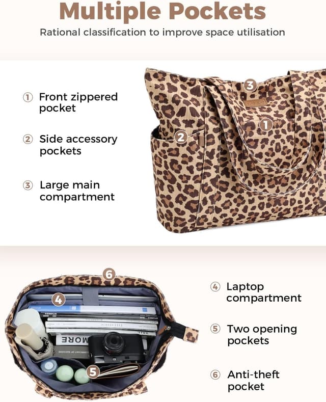 Detalle 2 de Lekespring Cord Tasche Damen – große Tote Bag mit Reißverschluss und Laptopfach bis 15,6 Zoll