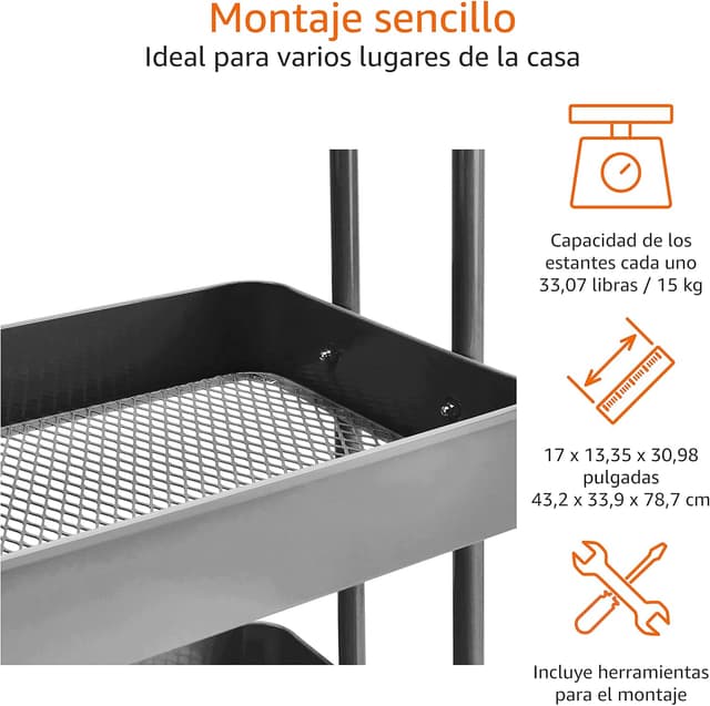 Detalle 2 de Amazon Basics - Carrito multiuso de 3 estantes con ruedas 🛒