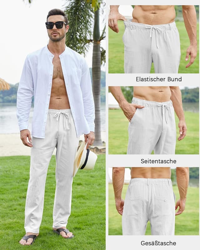 Detalle de NANAMEEI Herren-Leinenhose für den Sommer mit Kordelzug – leichte Bundfaltenfrei-Variante S bis 3XL