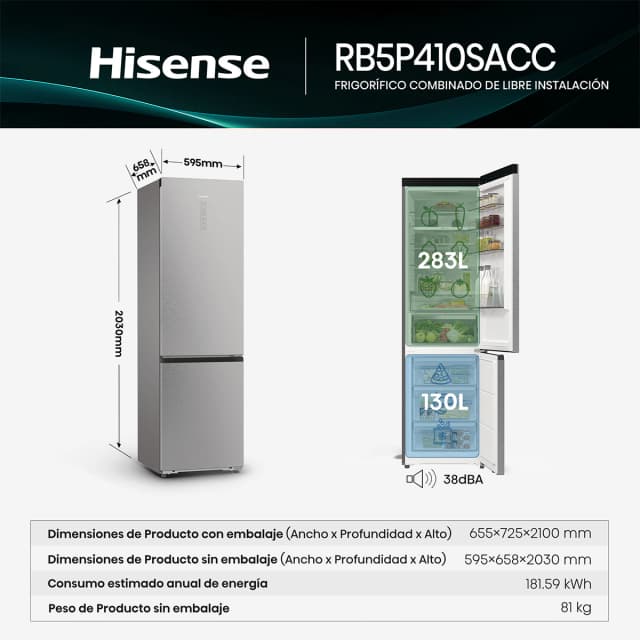 Detalle 2 de Hisense RB5P410SACC frigorífico combi 13 kg/24 h