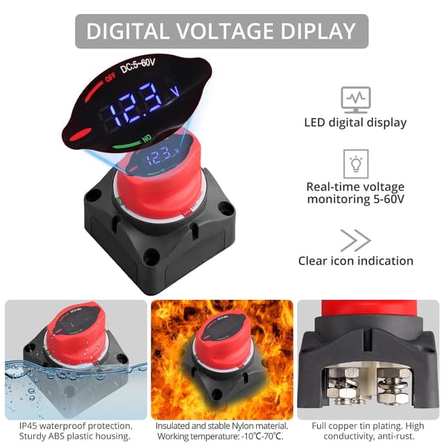 Detalle de Justech Upgrade Battery Disconnect Switch with Digital Voltage Display (DC 5–60V, up to 250A continuous) for marine, car and caravan use