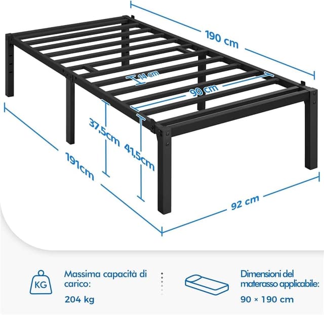 Detalle 2 de Yaheetech rete letto singolo in metallo 90 × 190 cm, 41,5 cm di altezza, 12 doghe e 6 gambe