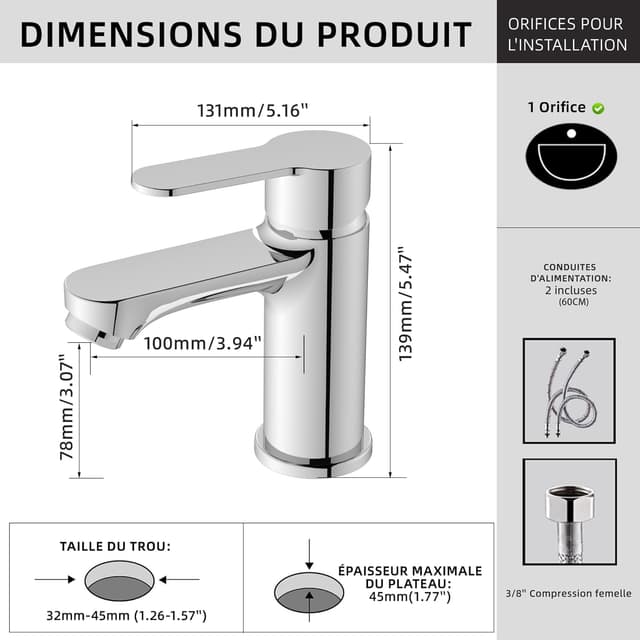 Thumbnail 6 de Mitigeur de lavabo BELZ monocommande chromé, bec hauteur 78 mm (raccord G 3/8)