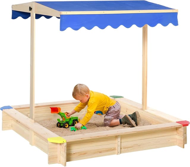 Detalle de Outsunny Bac à sable en bois carré avec couvercle et toit réglable 1,2 m (1,2L x 1,2l x 1,2H)