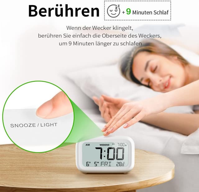 Detalle 2 de DOOMAY Digital Wecker für Nachttisch – batteriebetriebene LCD-Uhr mit einstellbarer Alarmlautstärke, Snooze & Wochenendmodus