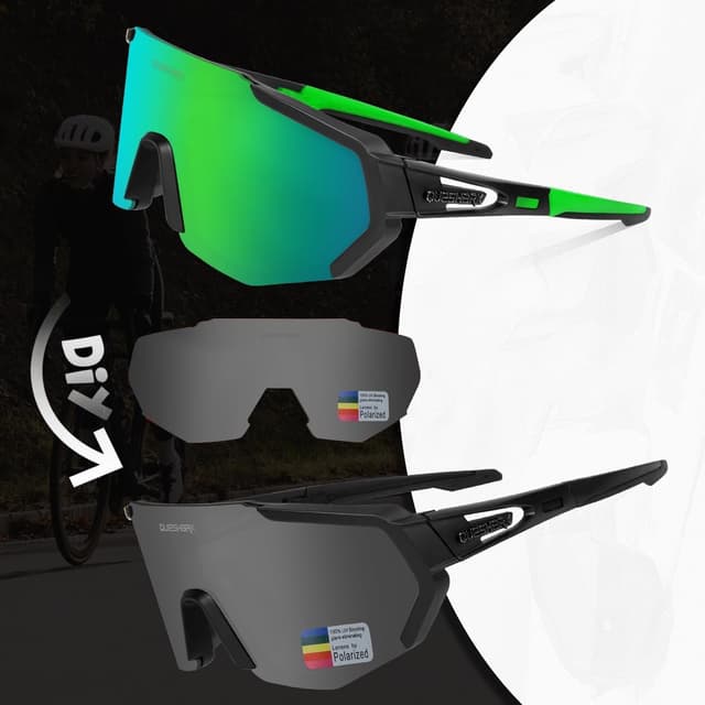 Detalle de Queshark Polarizzati Occhiali da Ciclismo con Lenti Intercambiabili (UV400) per MTB, corsa e sport outdoor