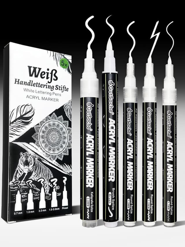 Detalle de DealKits 5x Weiße Acrylstifte – deckende Acrylic Marker Brush Pen für Holz, Glas, Papier & Stein