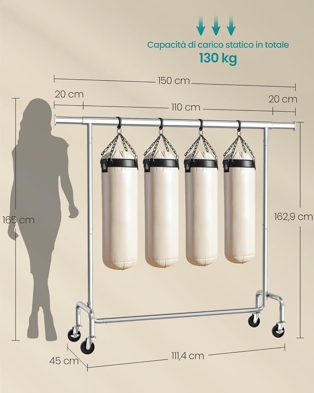 Detalle 2 de SONGMICS HSR11S stand appendiabiti con rotelle e barra estensibile, portata 130 kg