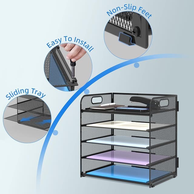Detalle de SUPTIDY 5-Tray Paper Organiser with Handle (Mesh Desk File Organiser) – A4, Black
