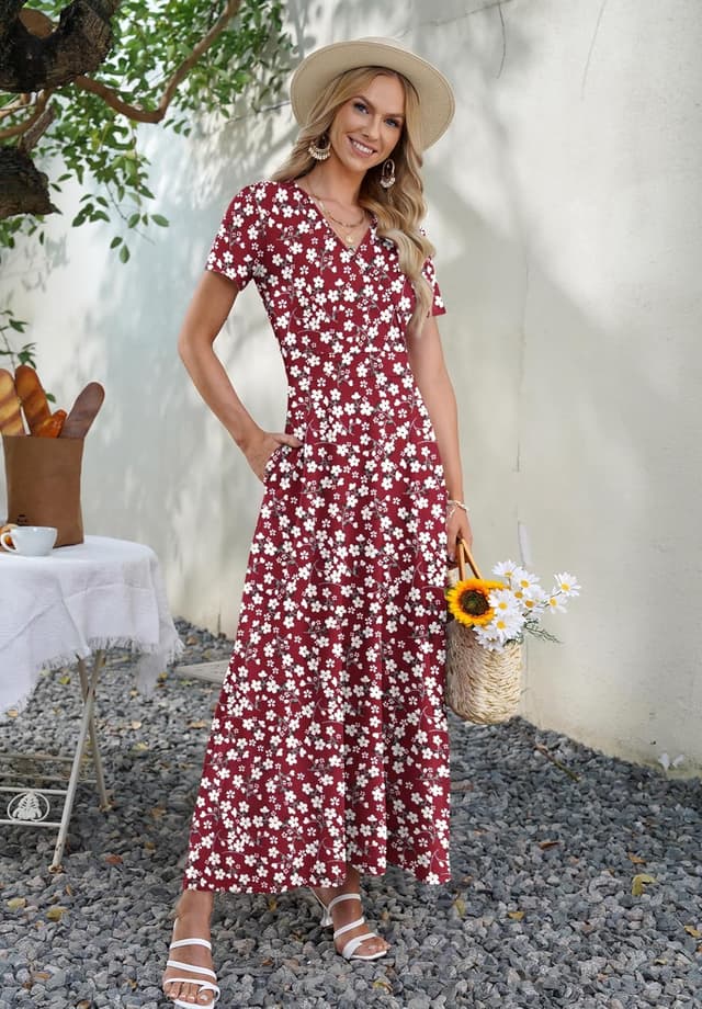 Detalle de AUSELILY Maxi Dresses for Women — Ankle-Length Floral Wrap Dress with Pockets