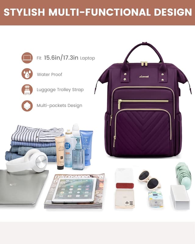 Detalle de LOVEVOOK Rucksack Damen für 15,6-Zoll-Laptop – wasserdichter Schul- & Reiserucksack in Violett