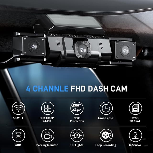 Detalle 2 de 4-Channel 360° Dash Cam (Front/Rear/Left/Right) with GPS, 5GHz WiFi, App Control, G-Sensor & 24H Parking Mode