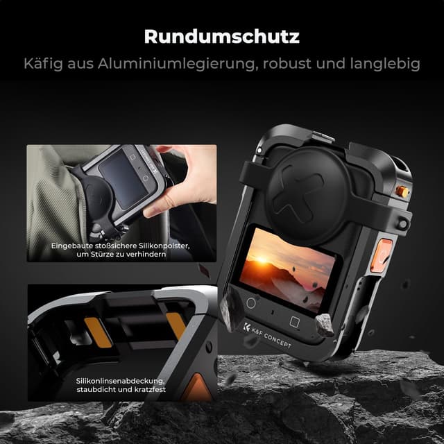 Detalle 2 de K&F CONCEPT Kamerakäfig für DJI Osmo 360 – Aluminium-Schutzgehäuse mit Silikon-Objektivabdeckung