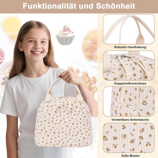 Detalle 2 de LEDAOU isolierte Lunch-Box für Frauen aus Cord (wiederverwendbare Lunch-Tasche) – auslaufsicherer Thermo-Kühler